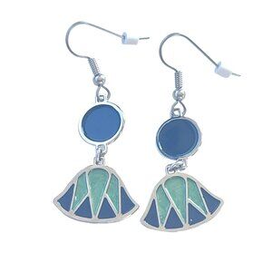 Art Deco Inspired Enamel Drop Earrings Green and Navy Blue Geometric Design for